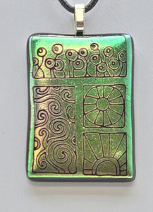 Green/Gold Crazy Designs Etched Dichroic Fused Glass Pendant