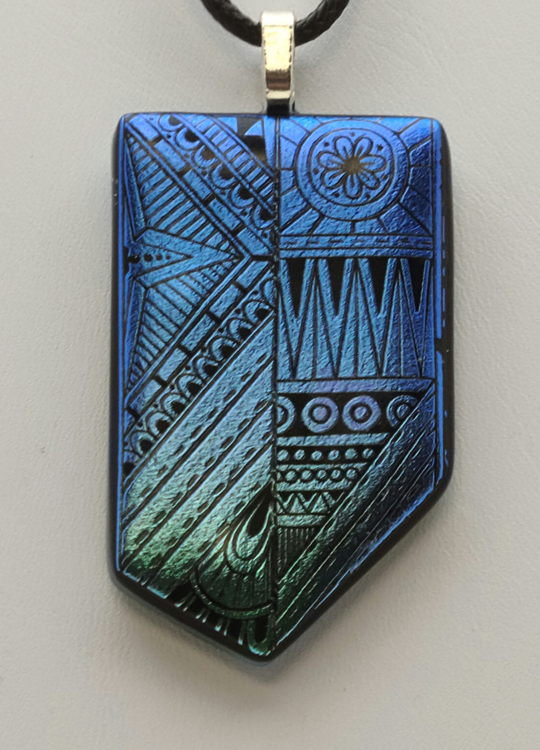 Blue/Green Geometrics Etched Dichroic Fused Glass Pendant