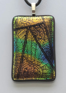 Green & Amber Stained Glass Etched Dichroic Fused Glass Pendant