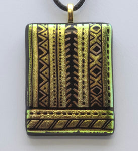 Gold Tribal Designs Etched Dichroic Fused Glass Pendant