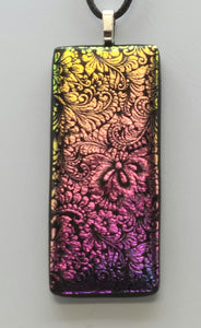 Fuchsia/Gold Floral Etched Dichroic Fused Glass Pendant