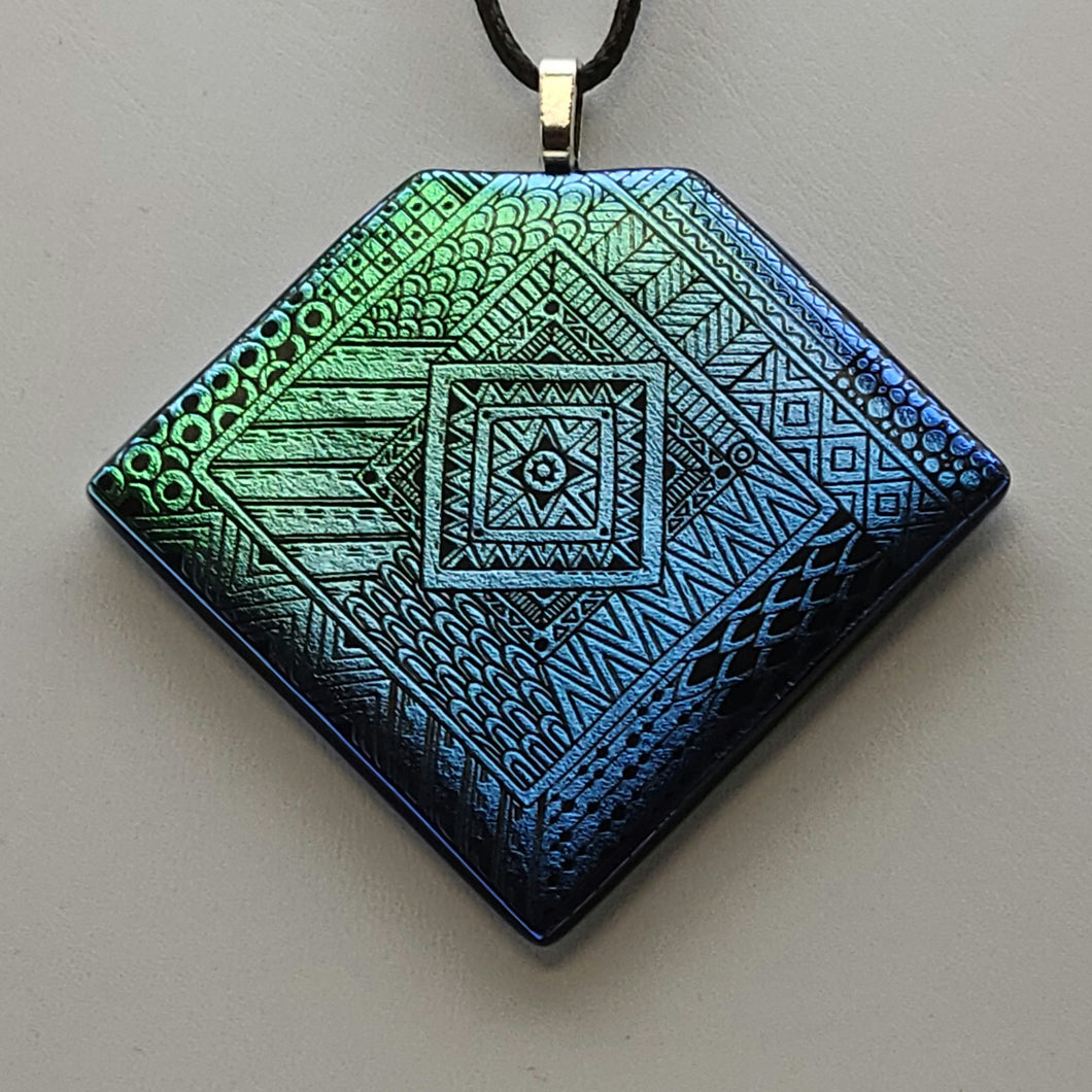 Blue/Green Etched Dichroic Diamond Fused Glass Pendant