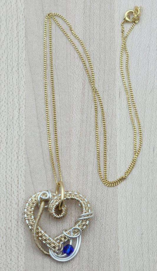 Woven Wire Silver & Gold Fill Delicate Heart w/Blue Crystal