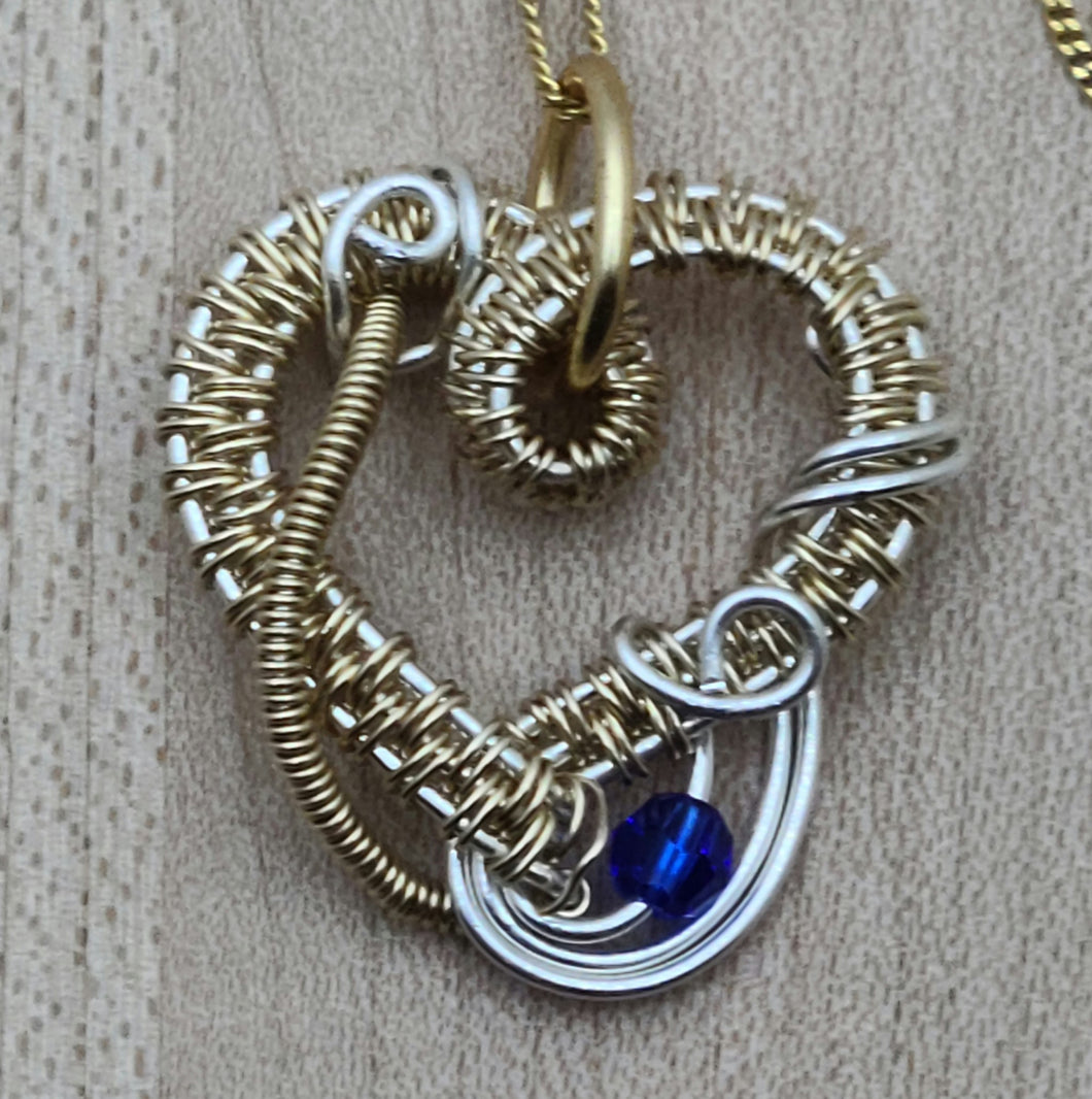 Woven Wire Silver & Gold Fill Delicate Heart w/Blue Crystal