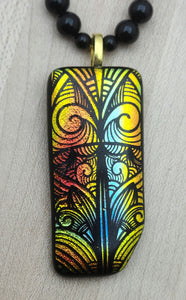 Tribal style etched dichroic fused glass pendant