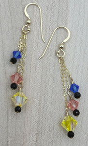 yellow, blue, peach crystal earrings on gold fill
