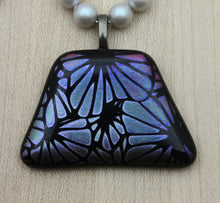 Tanzanite colored flowers in etched dichroic glass pendant