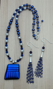 Blue & Purple Fused Glass Necklace & Tassel Earrings