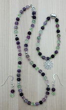 Such a lovely combination of colors in this rainbow flourite jewelry - purple, lavender, light green & crystals add a bit of sparkle in this necklace, bracelet, & earring set.