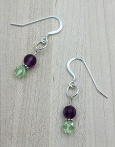 Deep purple flourite & chrysolite green crystal earrings