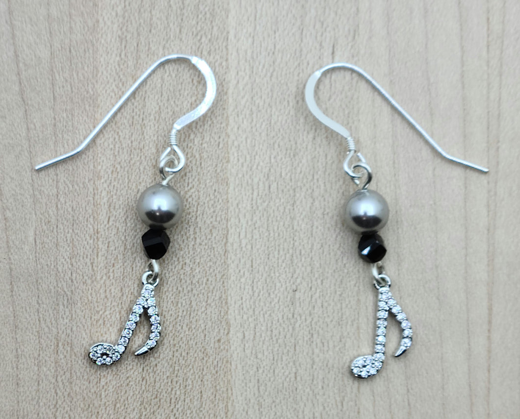 CZ Pave. Silver & Black 8th Note Earrings