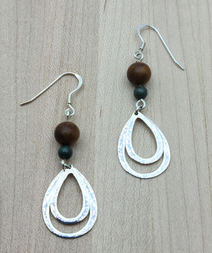 Rosewood, azurite, & sterling silver double loop fish hook earrings