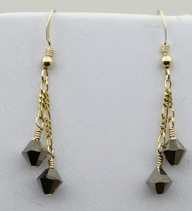 metallic gold crystals hang from gold plated chain & gold fill fish hook earrings