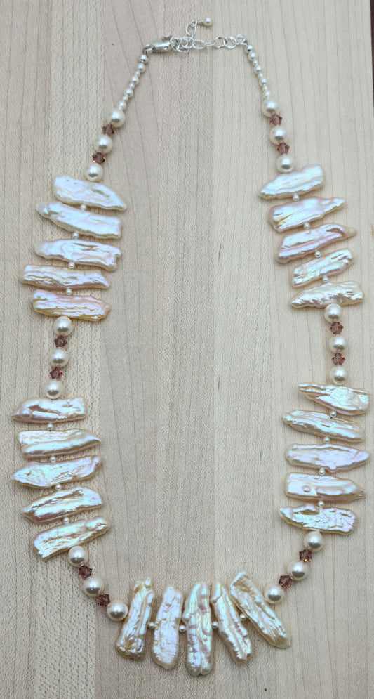 lustrous biwa freshwater pearl & rose crystal necklace.