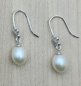 Teardrop pearl earrings with CZ fish hook earrings.