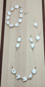 White Cornflake Keshi & Crystal Necklace, Bracelet, & Earrings
