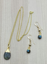 Blue/Green Labradorite Gold Leaf Necklace & Earrings