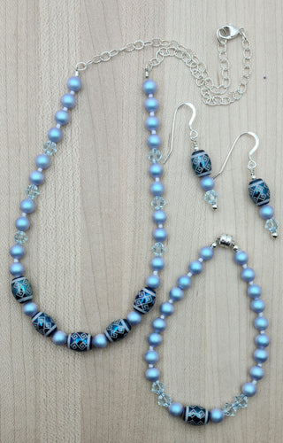 Blue Etched Crystal Necklace, Bracelet, & Earrings