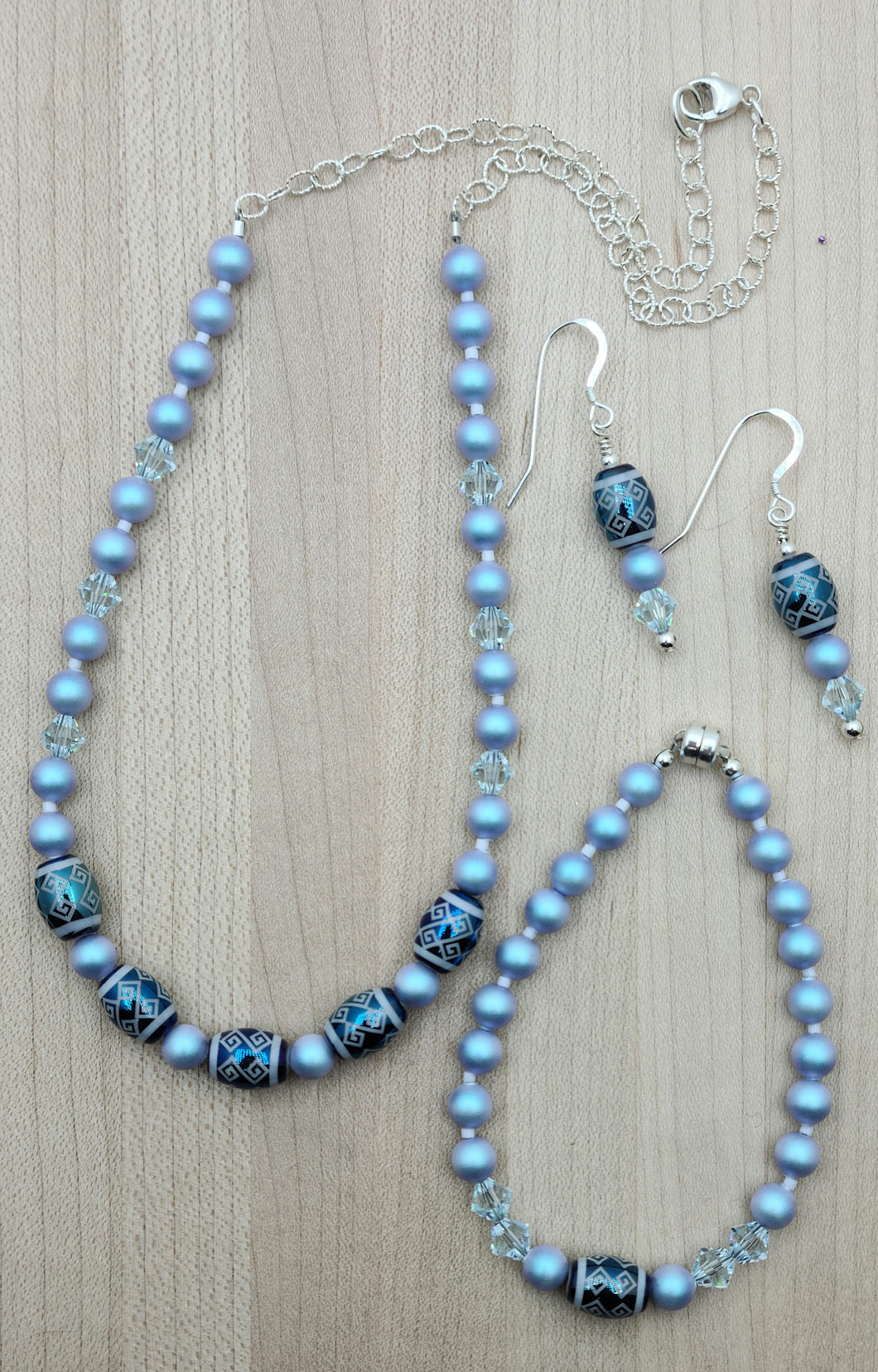 Blue Etched Crystal Necklace, Bracelet, & Earrings