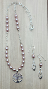 Tree of Life on Pink Pearls Necklace & Earrings