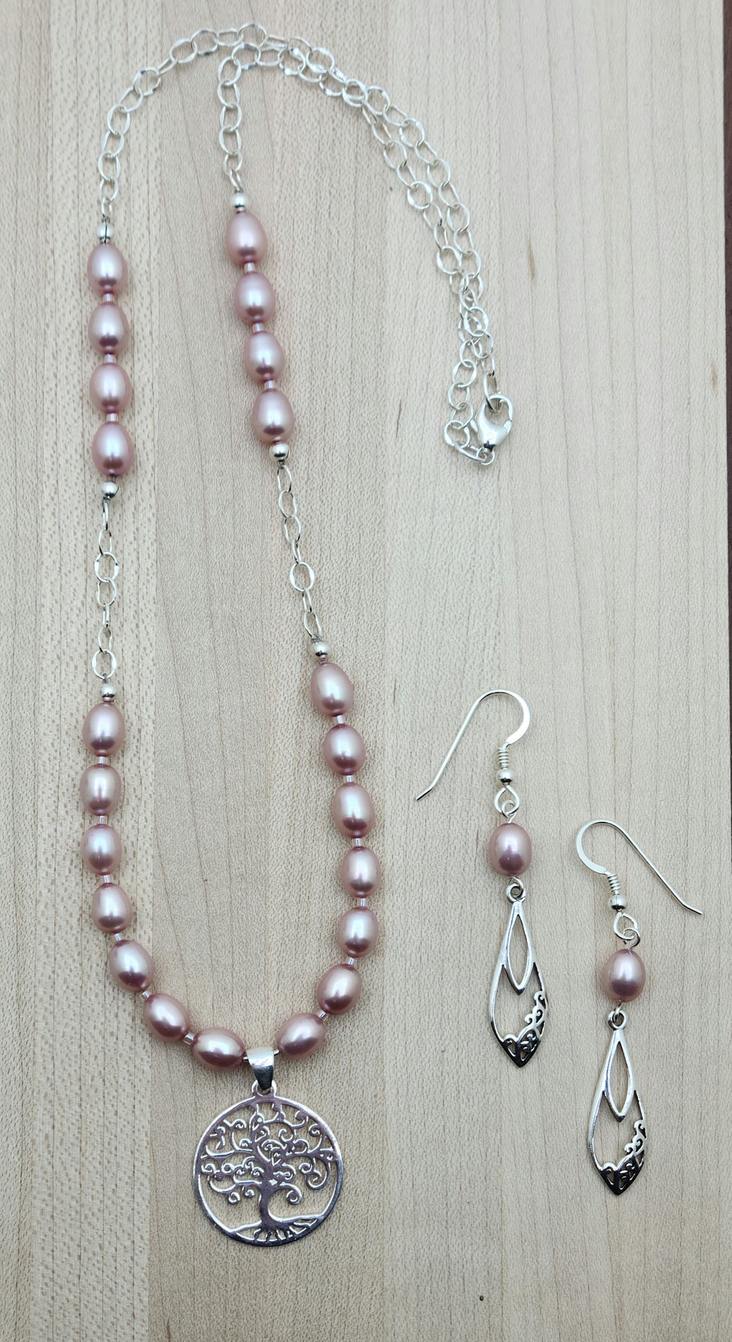Tree of Life on Pink Pearls Necklace & Earrings