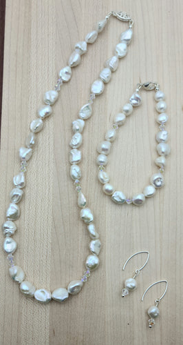 Keshi Pearls & Crystal Necklace, Bracelet, & Earrings
