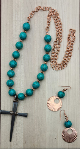 Horseshoe Nail Cross on Turquoise & Copper Necklace & Earrings