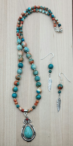 Turquoise & Coral Teardrop Pendant Necklace & Earrings