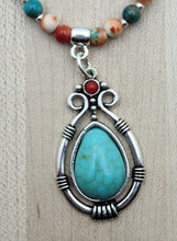 Turquoise & Coral Howlite, & Pewter Teardrop Pendant