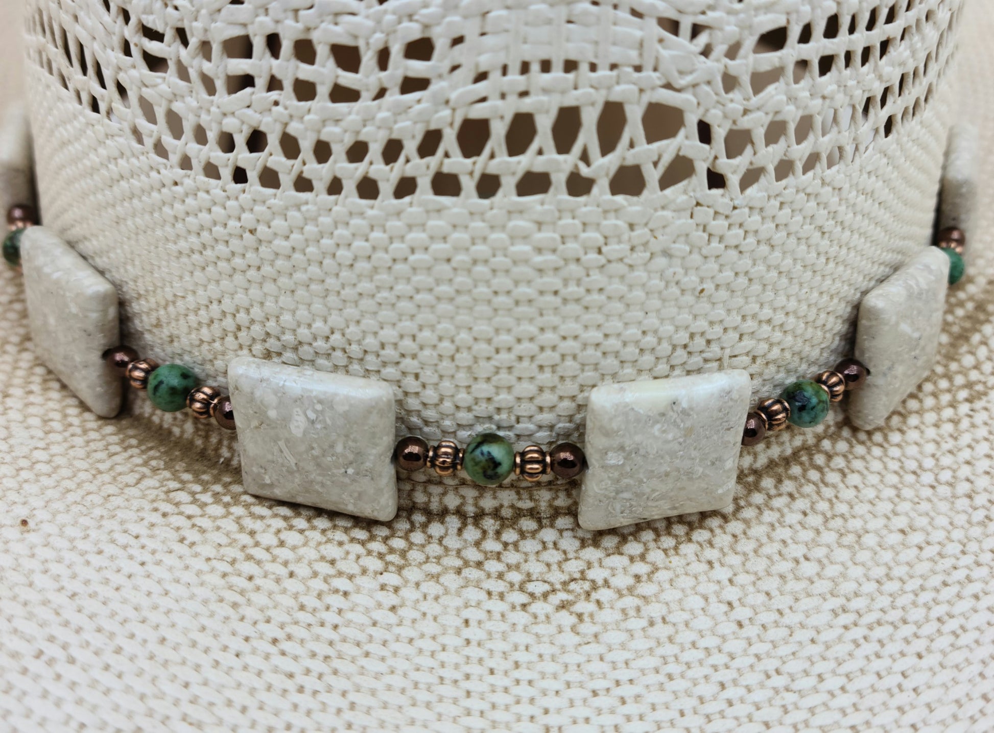 River stone, turquoise, & copper hatband
