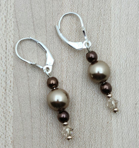 This is a gorgeous combination of bronze crystal pearls, rose gold color electroplated hematite, light silk crystals, & galvanized champagne Miyuki seed beads in a crystal jewelry earrings. 