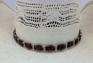 Double drilled orangish red &amp; grey poppy jasper host red carnelian, bloodstone, &amp; lovely pewter 'columns.' Hatband