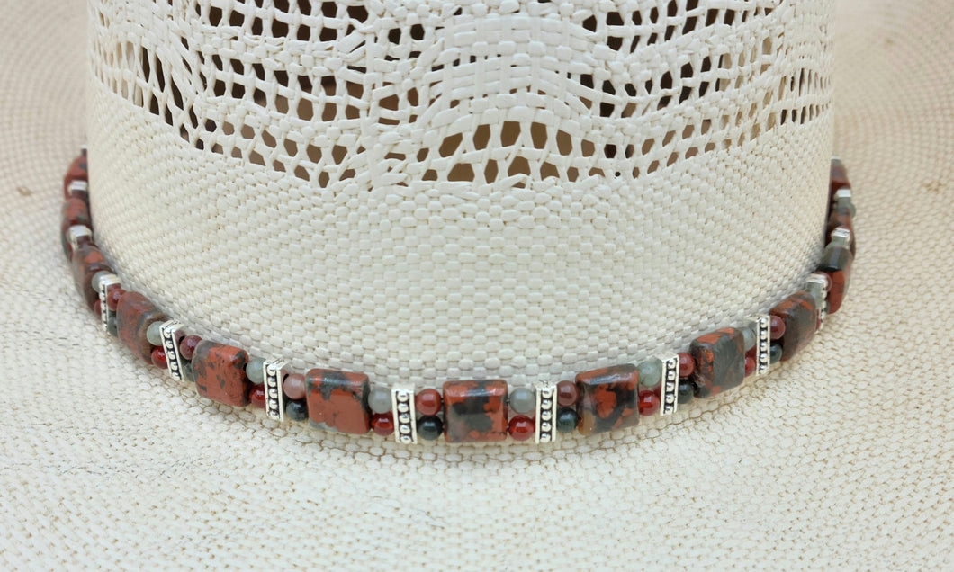 Double drilled orangish red & grey poppy jasper host red carnelian, bloodstone, & lovely pewter 'columns.' Hatband