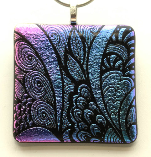 Steel blue &; orchid combine in this etched dichroic glass that resembles elegant tapestry after firing! Fused Glass Pendant