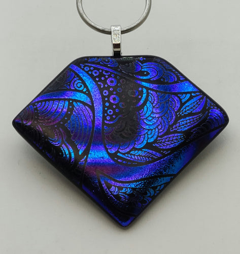 The deep, rich blues & purples of this etched dichroic fused glass pendant are extraordinary!