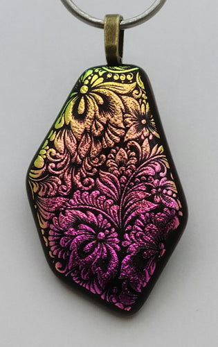This etched dichroic fused glass pendant echoes a gold & pink floral tapestry!