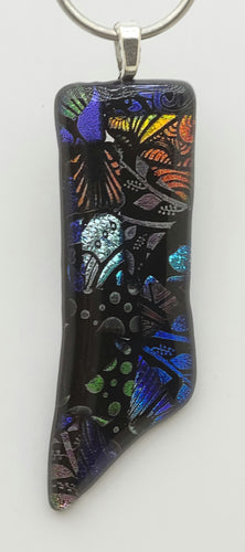 A quirky, fun patchwork 'stocking' fused glass pendant of etched dichroic glass!