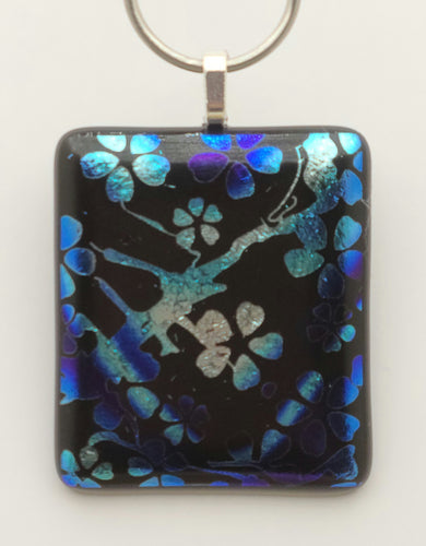 These delightful blossoms sparkle in silver & blue! Etched dichroic fused glass pendant.