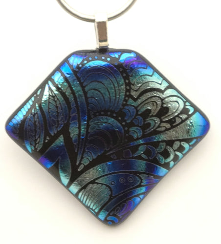 Etched flourishes of blue & silver sparkle in this stunning dichroic glass statement piece fused glass pendant!