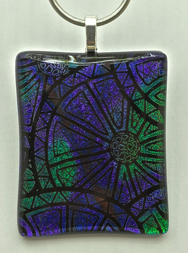 Etched dichroic wheels or citrus slices - you pick. Either is bright & beautiful in this purple & green fused glass pendant!