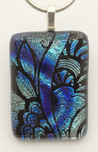 Clear capping this fused glass pendant has added to the gorgeous sparkle of this silver & blue etched dichroic design!