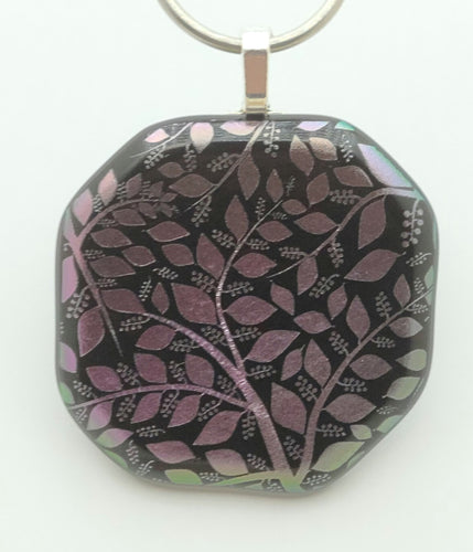 Etched mauve branches & leaves abound on this octagonal dichroic fused glass pendant!