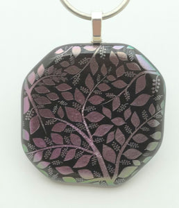 Etched mauve branches & leaves abound on this octagonal dichroic fused glass pendant!