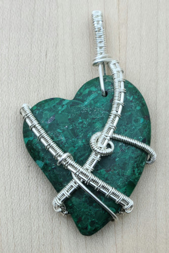 Woven Wire Silver Fill & Malachite Heart Pendant