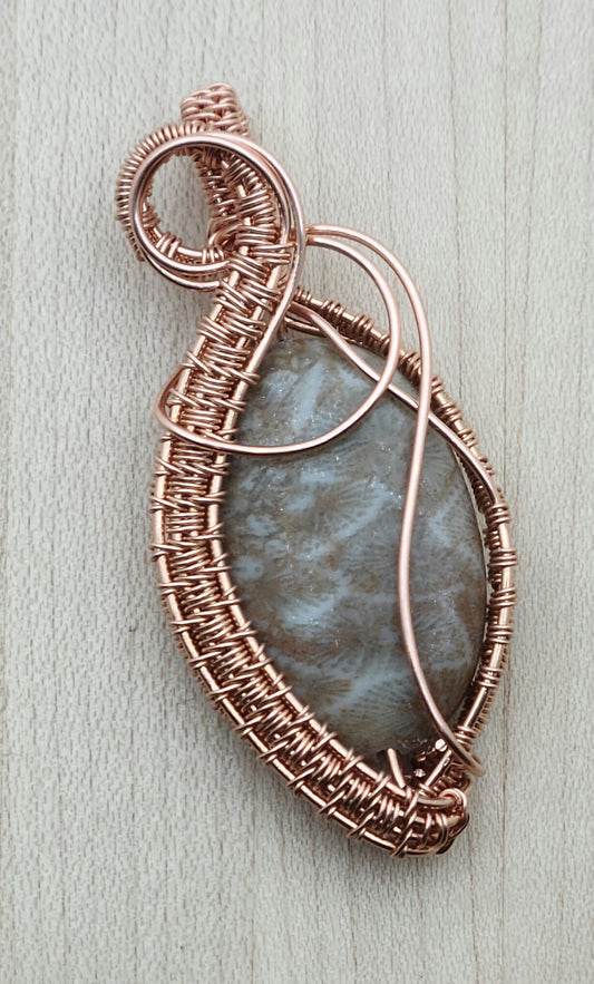 Copper Woven Wire & Fossil Jasper Pendant