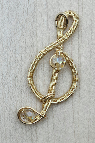 Woven Wire Gold & Crystal Treble Clef Pendant