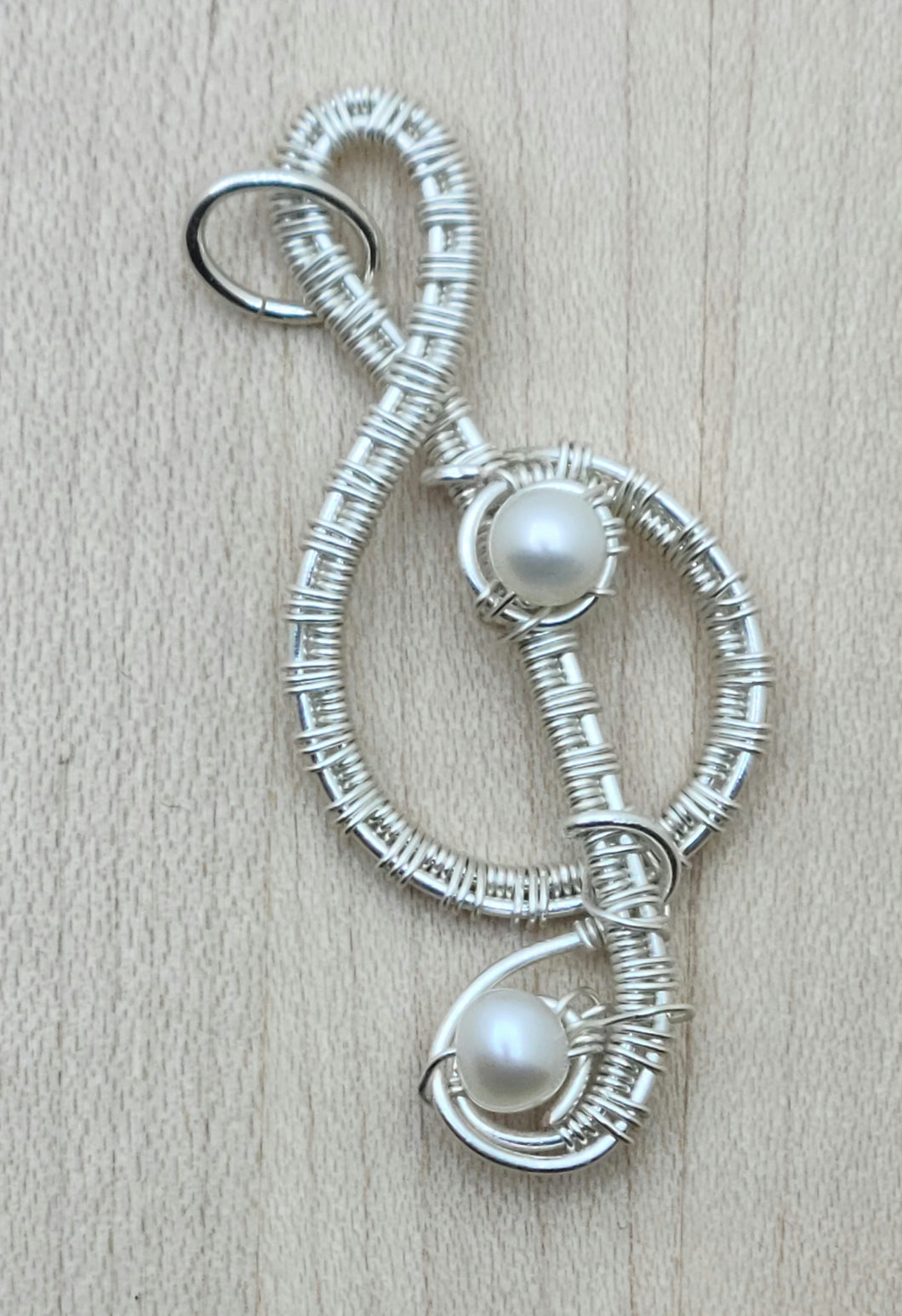 Woven Wire Pearl & Silver Treble Clef Pendant