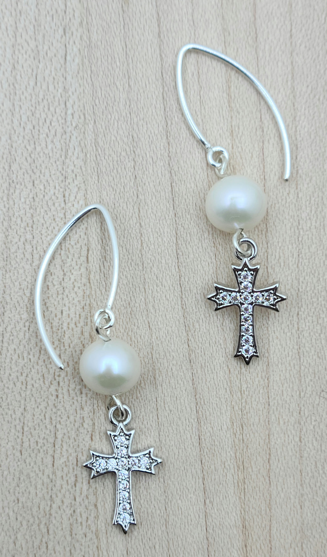 freshwater pearl & cubic zirconia encrusted Cross Earrings