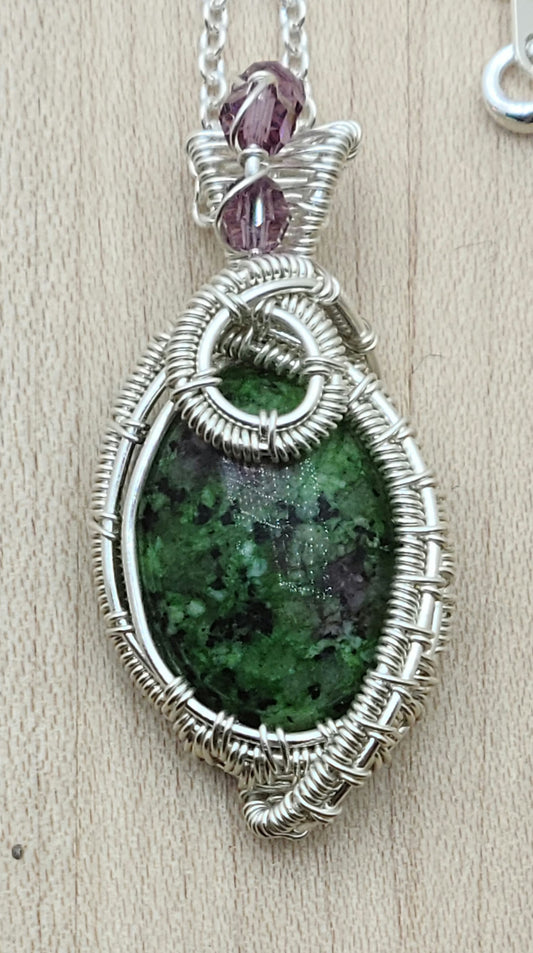 Woven Wire Ruby in Zoisite with crystals Pendant