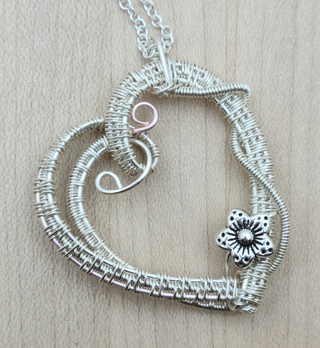 Woven Wire Silvered Flowered Heart Pendant